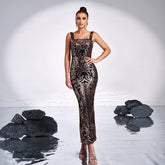 Elegant Sleeveless Square Collar Mid Length to Long Sequined Cocktail Evening Dress Bridesmaid Dress